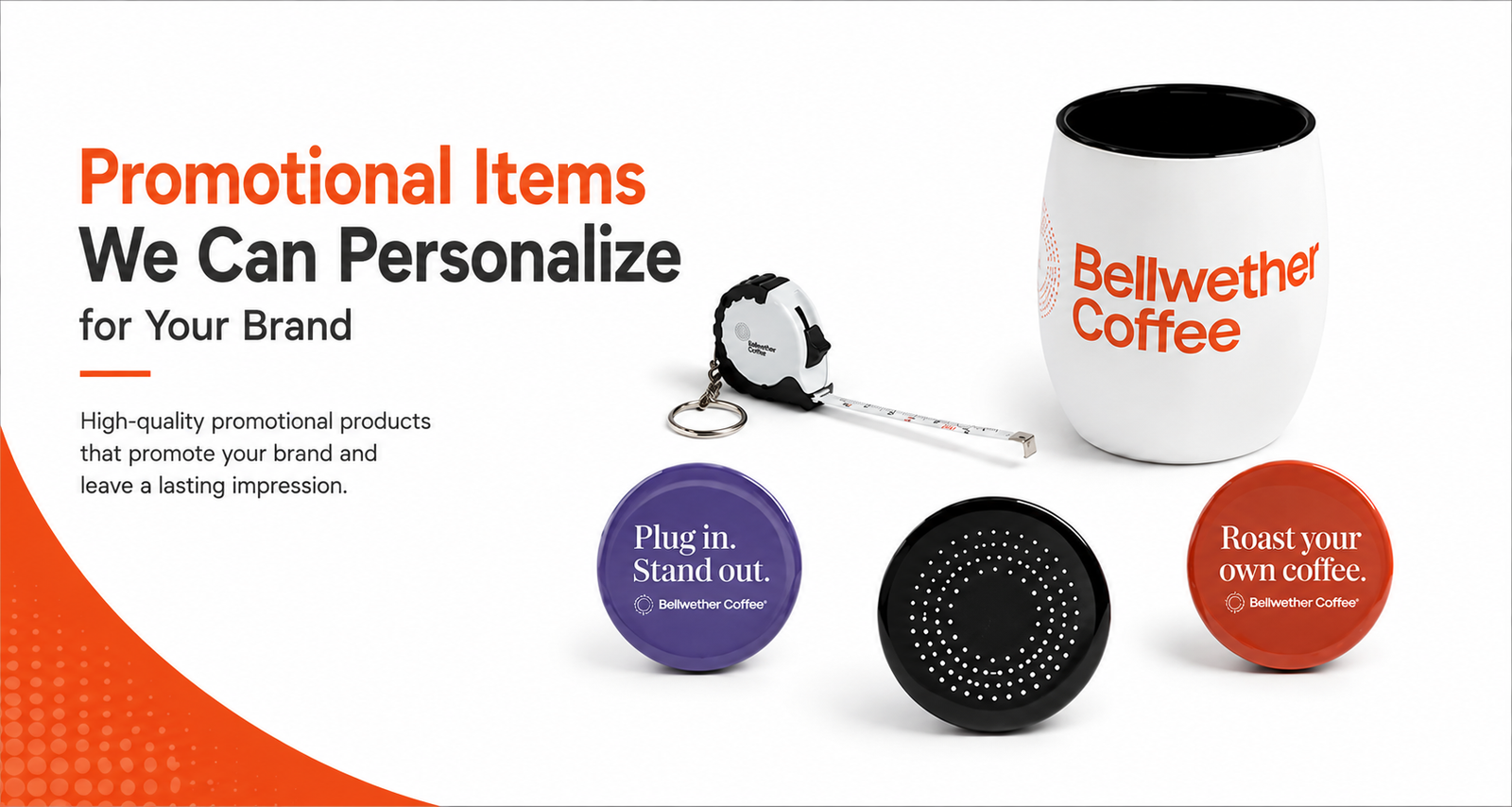 Branded merchandise sample — mug, badges, and accessories