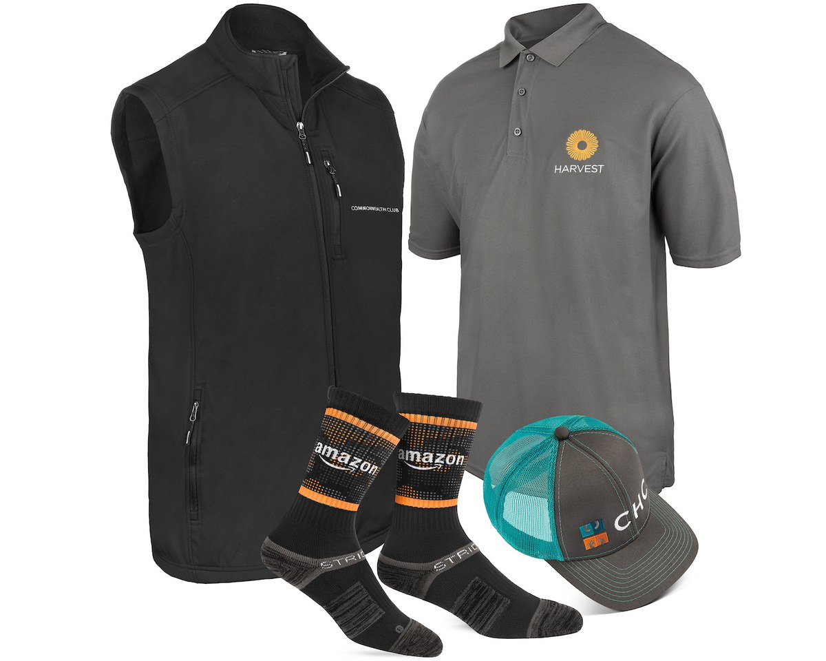 Branded apparel set by PLC Print: embroidered vest, polo shirt, custom socks and cap