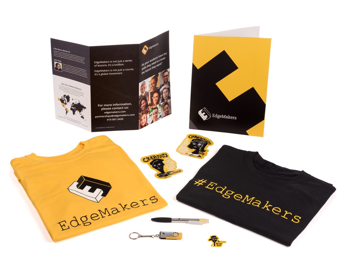 Branded merch kit for EdgeMakers by PLC Print: t-shirts, folder, brochure, stickers, pen, USB drive and keychain