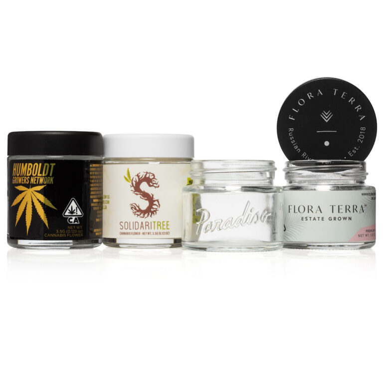 Child-resistant cannabis jars with custom labels for Humboldt Growers Network, Solidaritree, Paradiso and Flora Terra, produced by PLC Print