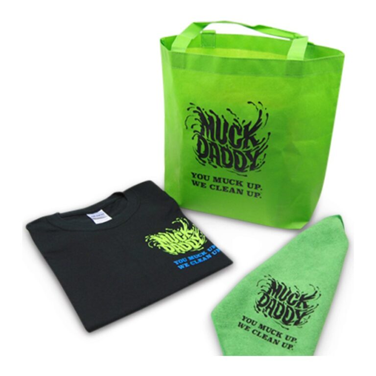 Muck Daddy branded tote, t-shirt and towel, produced by PLC Print