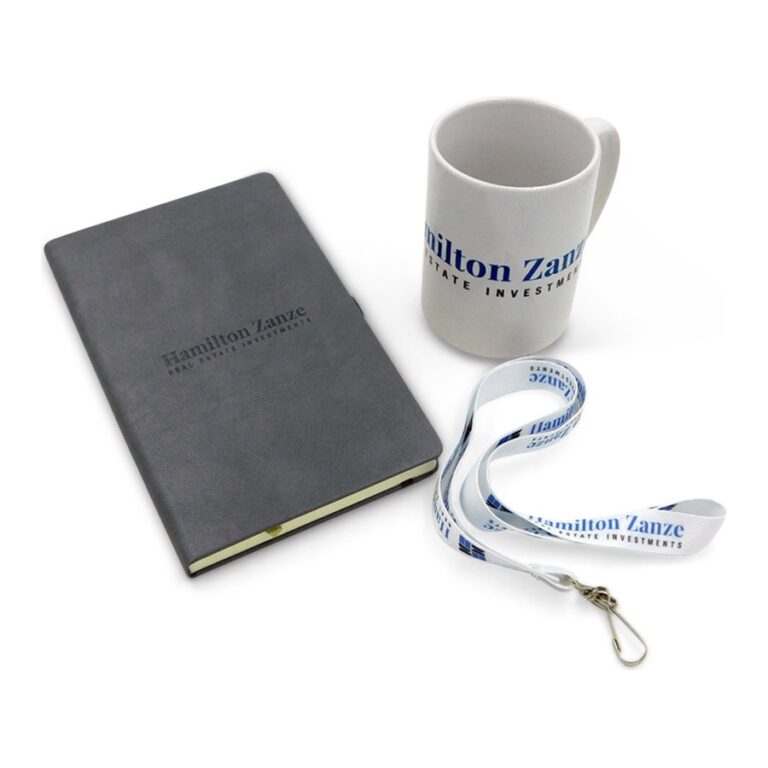 Branded journal, mug and lanyard for Hamilton Zanze, produced by PLC Print