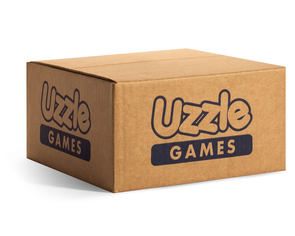 Custom printed kraft shipping box for Uzzle Games, produced by PLC Print