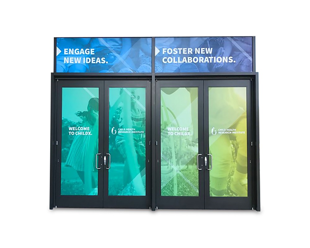 Full door and transom window graphics installed by PLC Print for the Child Health Research Institute (ChildX) at Stanford