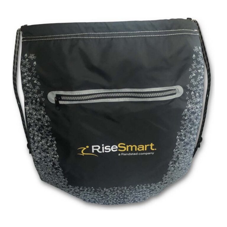 Branded drawstring event bag for RiseSmart, produced by PLC Print