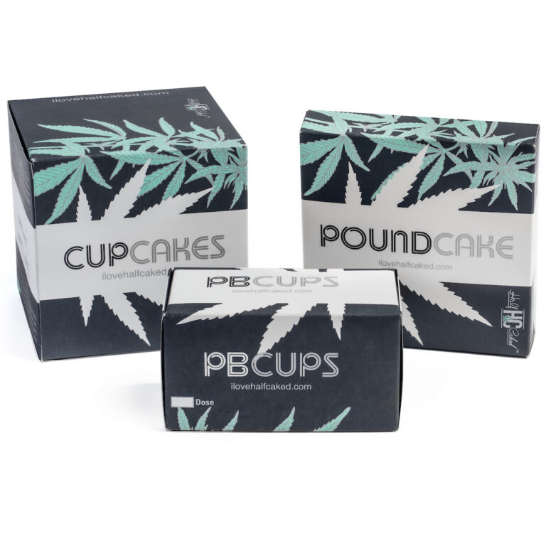 Printed folding carton boxes for Half Caked cupcakes, pound cake and PB cups, produced by PLC Print