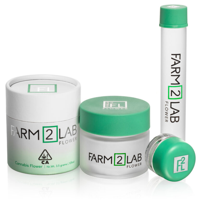 Branded jar, paper tube and pre-roll tube for Farm2Lab Flower, produced by PLC Print