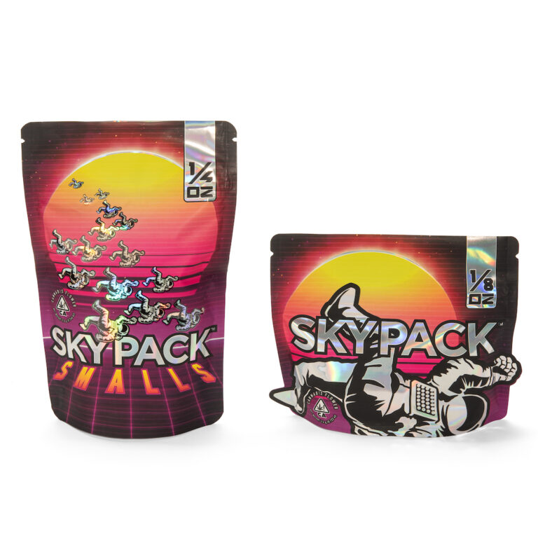 Custom die-cut Mylar pouches with holographic foil for Skypack, produced by PLC Print