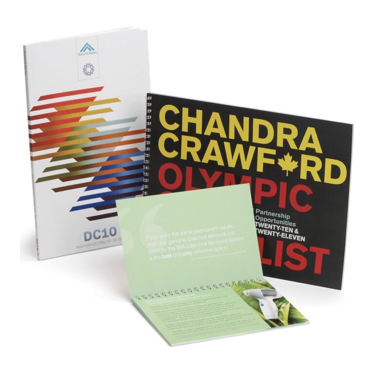 Perfect-bound event book and wire-bound sponsorship proposal, produced by PLC Print