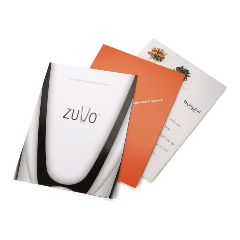 Printed presentation folders for Zuvo and Mighty Leaf Tea, produced by PLC Print