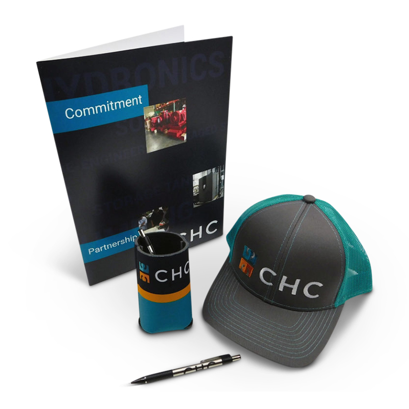 CHC Hydronics trade show kit by PLC Print: printed folder, can cooler, pen and trucker cap